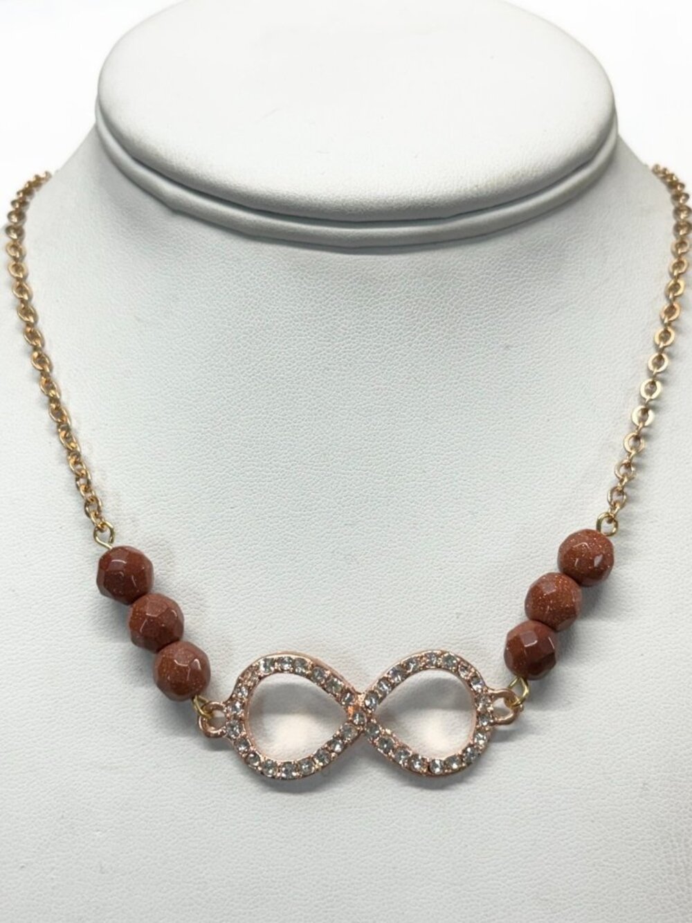 Vintage rhinestone infinity sign sandstone semi precious bead necklace